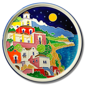 Creazioni Luciano, CASETTE MEDITERRANEE, mod. A cm Ø 30, Piatto in ceramica a rilievo, Original Design, Handmade in Italy.